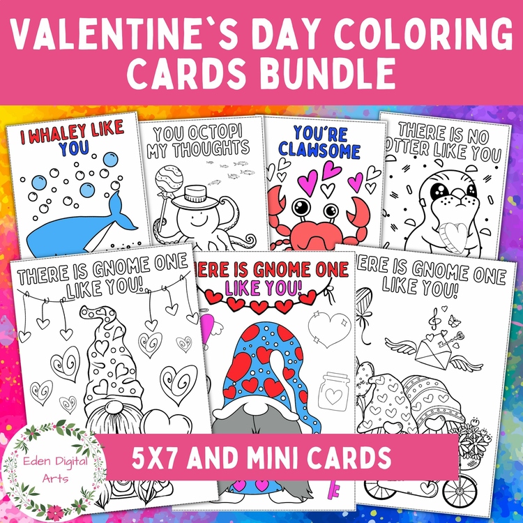 Valentine's Day Cards Coloring Bundle Cute Animal Gnomes Puns Kindness Hearts