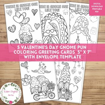 Valentine's Day Cards Coloring Bundle Cute Animal Gnomes Puns Kindness Hearts, image 2