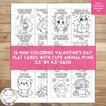Valentine's Day Cards Coloring Bundle Cute Animal Gnomes Puns Kindness Hearts, image 4