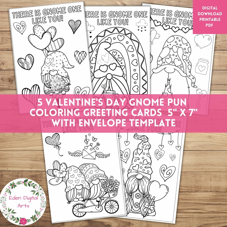 Cute Gnome Pun Hearts Coloring Valentine's Day Cards Craft Gnome One Like You