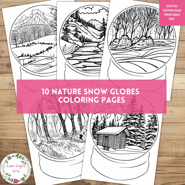 Snow Globes Nature Landscape 10 Coloring Pages Posters Mindful Calm Winter Craft