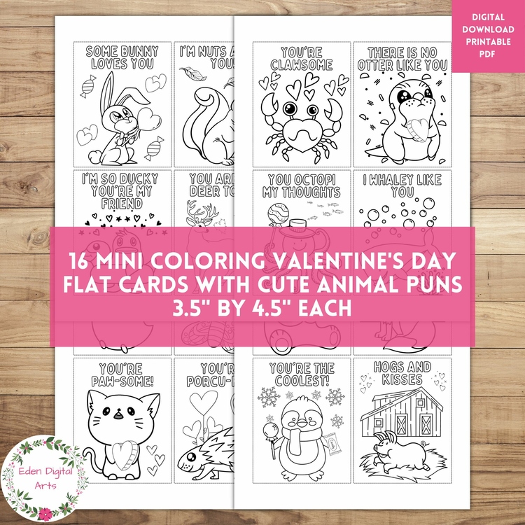 Coloring Valentine's Day Mini Cards Cute Funny Animals Puns Kindness DIY Craft