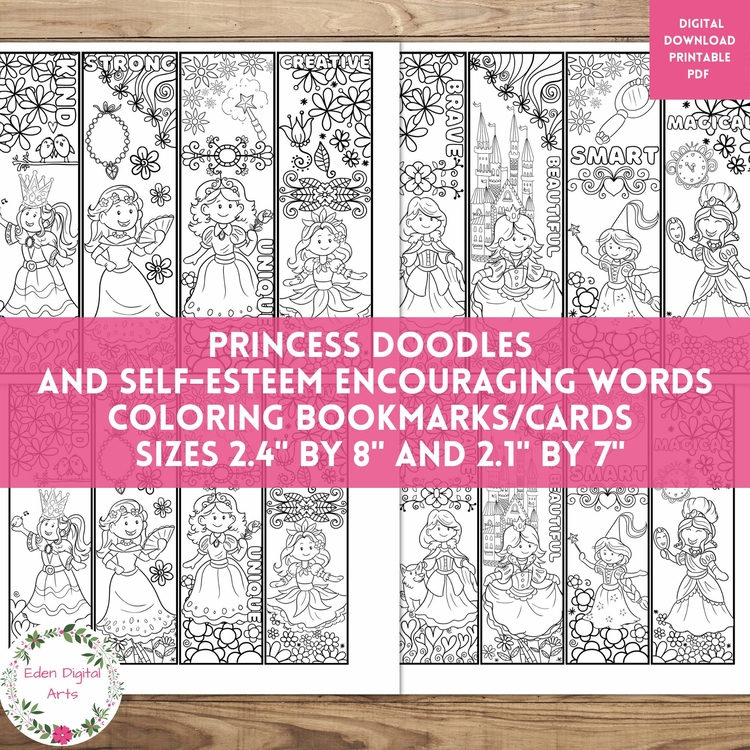 Princess Doodles Inspirational Coloring Bookmarks, Self Esteem Mindful Craft
