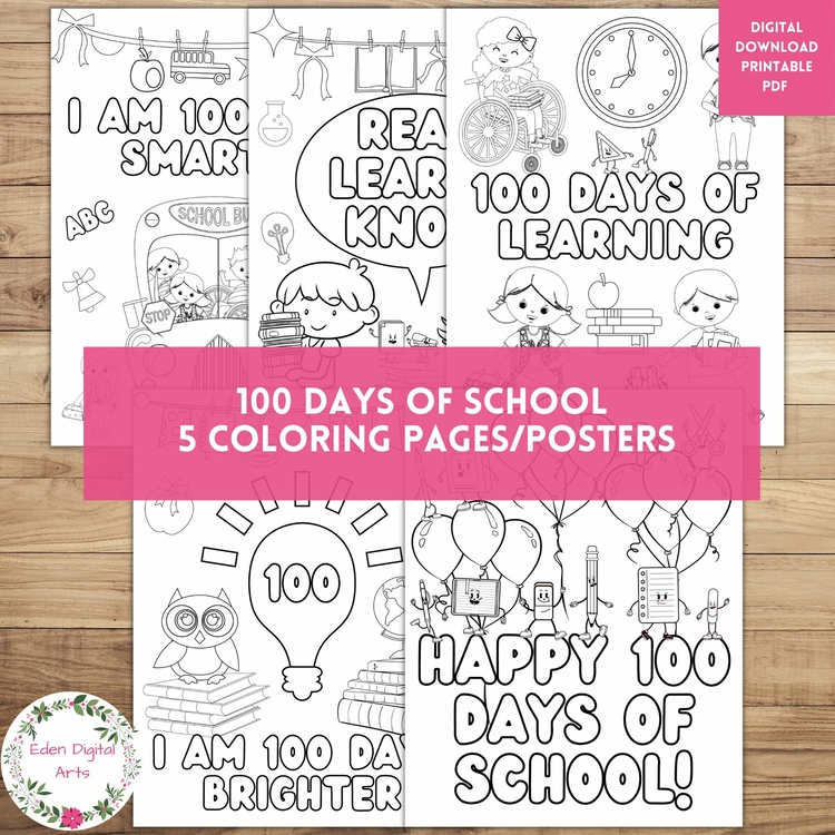 100 Days of School Cute Fun Coloring Pages No Prep Craft 100th Day Posters