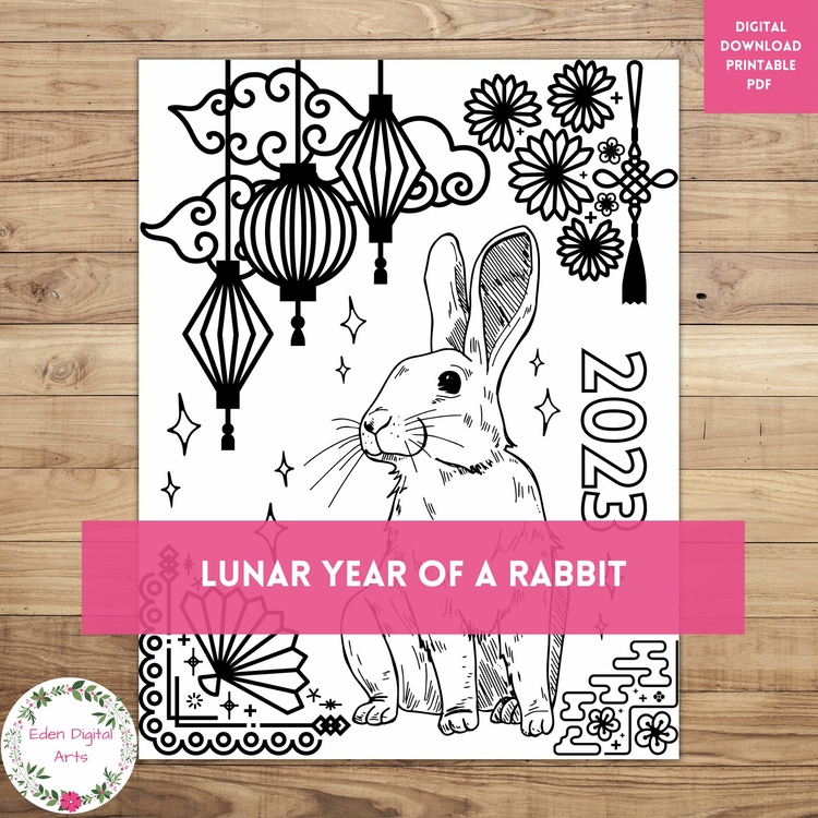 2023 Chinese Lunar New Year Rabbit Coloring Page Calm Craft