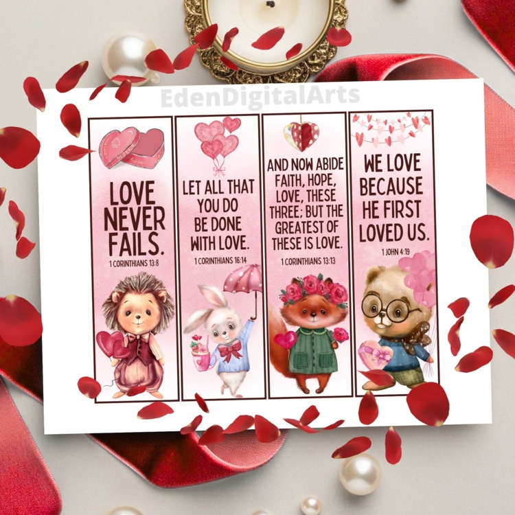 Love Bible Verse Bookmarks Scripture Valentines Cards Cute Watercolor Animals
