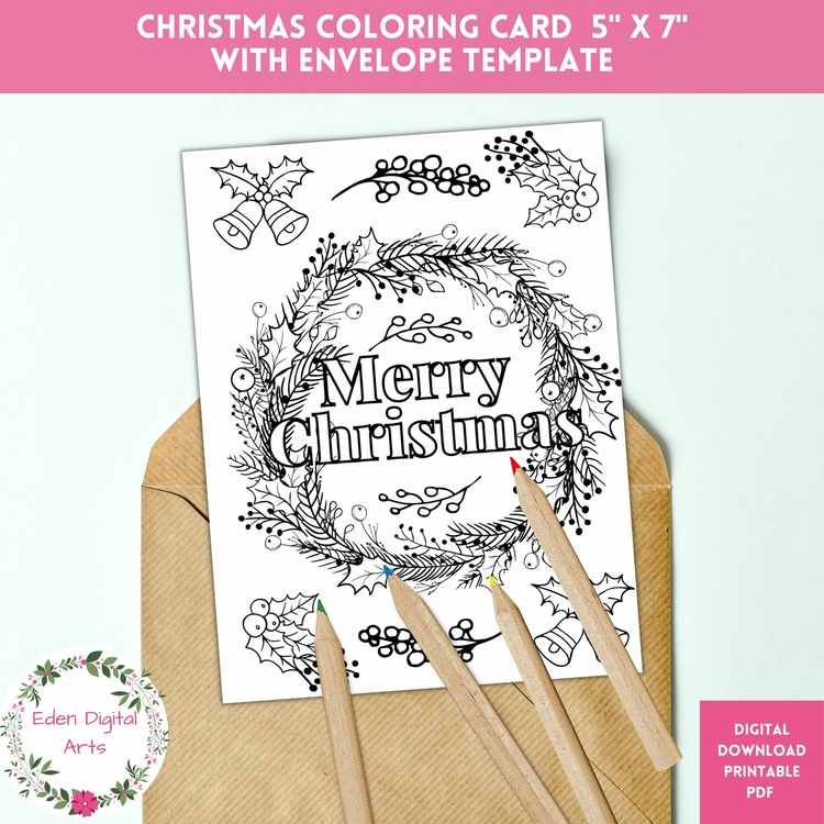 Merry Christmas Holly Wreath Coloring Holiday Greeting Card DIY Craft Envelope