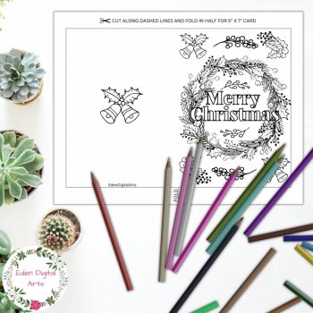 Merry Christmas Holly Wreath Coloring Holiday Greeting Card DIY Craft Envelope, image 2
