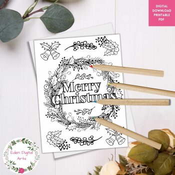 Merry Christmas Holly Wreath Coloring Holiday Greeting Card DIY Craft Envelope, image 3
