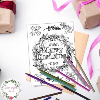Merry Christmas Holly Wreath Coloring Holiday Greeting Card DIY Craft Envelope, image 4