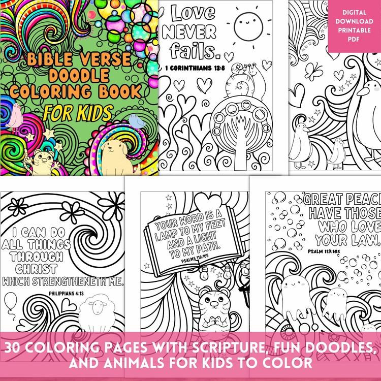 30 Bible Verse Doodle Coloring Pages Posters Fun Relaxing Swirls & Cute Animals