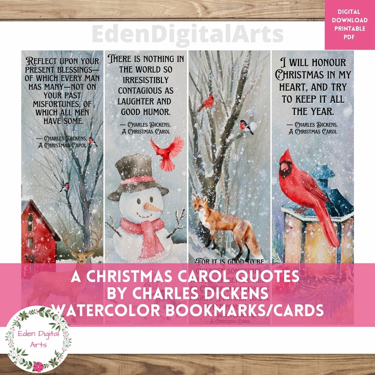 Christmas Carol Dickens Quotes Bookmarks Watercolor Winter Birds Student Cards