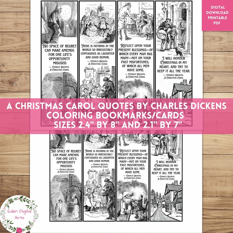 Christmas Carol Quotes Coloring Bookmarks Charles Dickens Craft Cards Gift