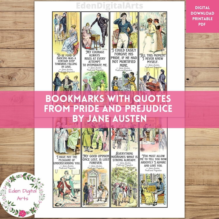 Pride and Prejudice Quotes Bookmarks Jane Austen's Book Club Favor Cards Regency