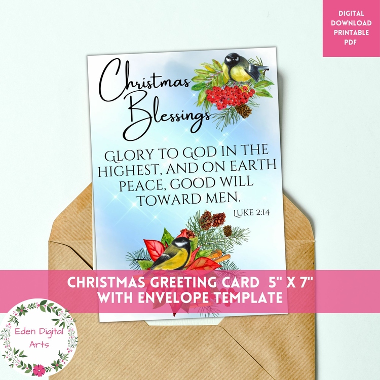 Christian Christmas Greeting Card, Glory to God Bible Verse Watercolor Chickadee