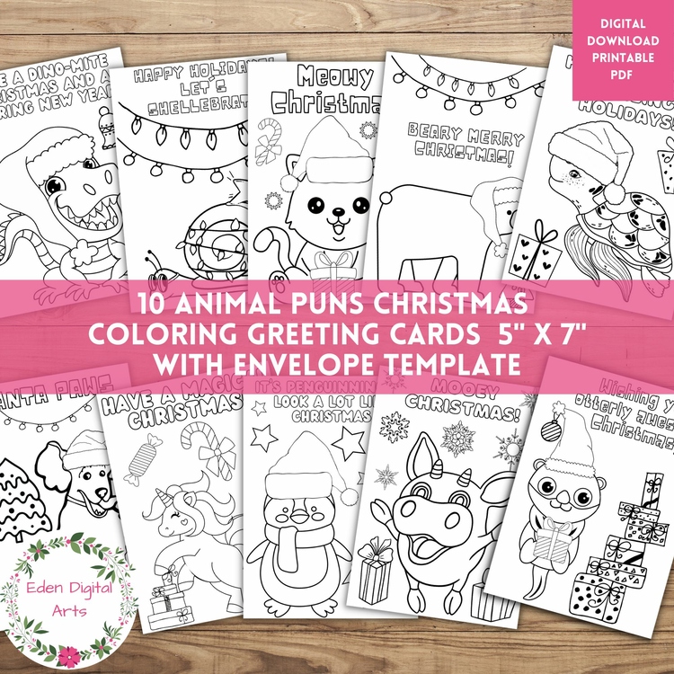 Cute Christmas Cards to Color Animal Puns Coloring Funny Holiday DIY Craft Gift