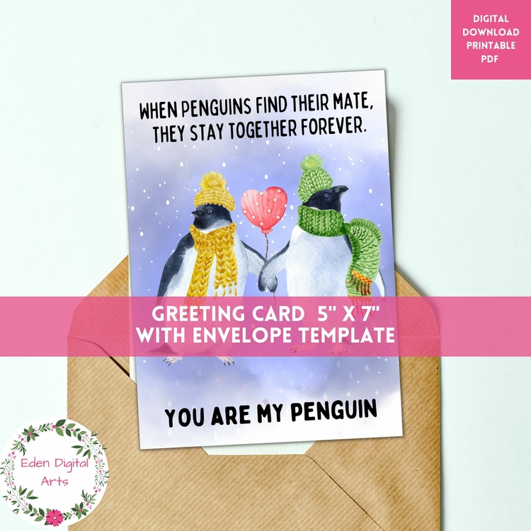 Cute Winter Penguins Husband or Wife Watercolor Greeting Card DIY Anniversary
