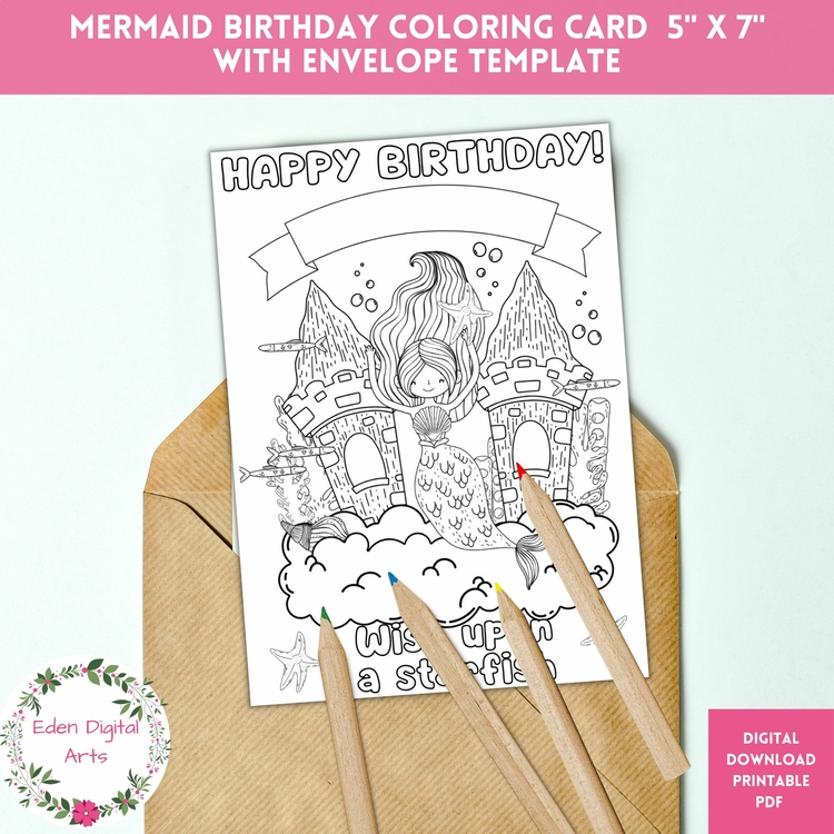 Cute Mermaid Pun Coloring Birthday Girl Card Sea Life Ocean Funny DIY Craft
