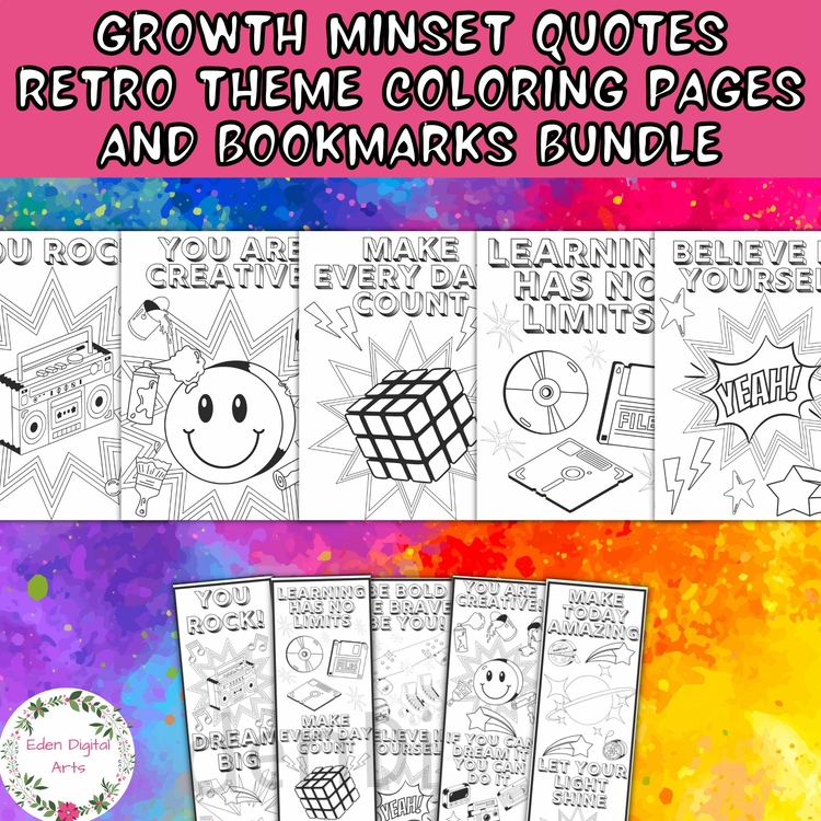Positive Growth Mindset Quotes Retro 80s 90s Tech Pop Art Coloring Bundle Craft