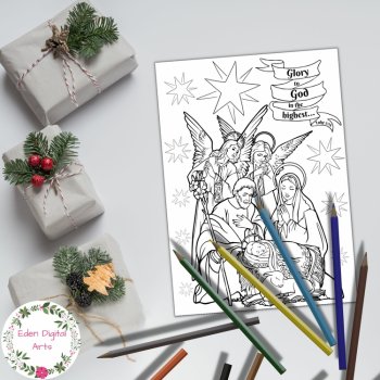 Christmas Nativity Coloring DIY Card Craft Mary Jesus Angels Bible Verse, image 2