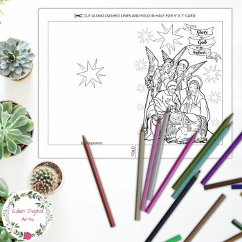 Christmas Nativity Coloring DIY Card Craft Mary Jesus Angels Bible Verse, image 3