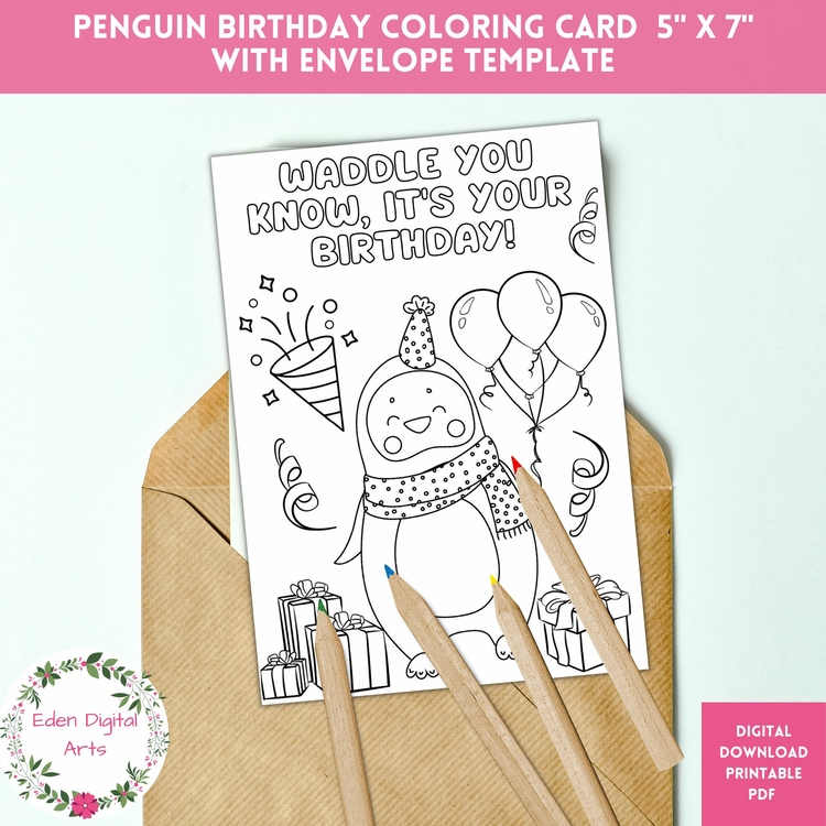 Cute Print and Color Birthday Card Penguin Pun Funny DIY Craft Envelope Template