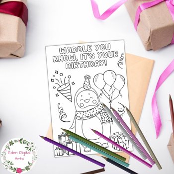 Cute Print and Color Birthday Card Penguin Pun Funny DIY Craft Envelope Template, image 2