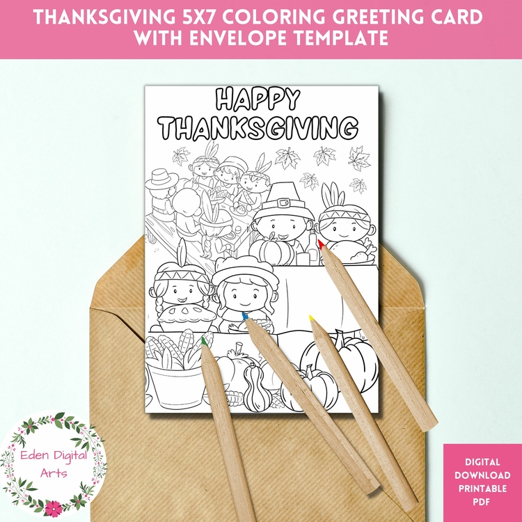 Happy First Thanksgiving Coloring Greeting Card Pilgrims Native American Craft