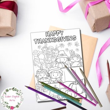 Happy First Thanksgiving Coloring Greeting Card Pilgrims Native American Craft, image 2