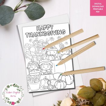 Happy First Thanksgiving Coloring Greeting Card Pilgrims Native American Craft, image 4