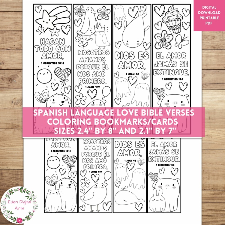 Spanish Love Bible Verses & Cute Animals Coloring Bookmarks Scripture Cards