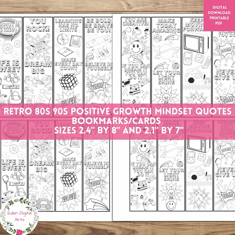 Retro 80s 90s Pop Art Positive Growth Mindset Quotes Coloring Bookmarks Cards