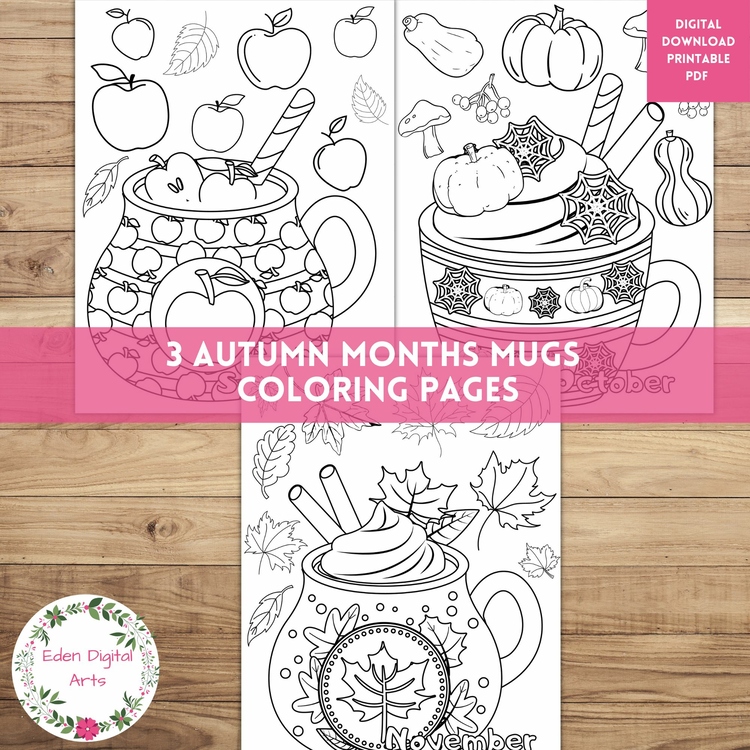 Fall Months Mugs Hot Cocoa Cups Leaves Apples 3 Coloring Pages Seasons Posters