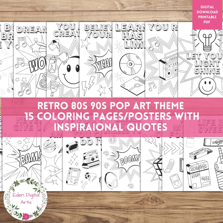 15 Retro 90s Pop Art Growth Mindset Quotes Coloring Pages Positive Class Posters