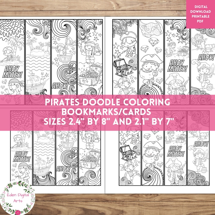 Pirates Doodle Coloring Bookmarks, Treasure Adventure Calm Relaxing Craft Cards