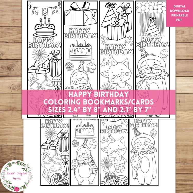 Happy Birthday Coloring Bookmarks Calm Party Craft Cards Cute Animals Cupcakes