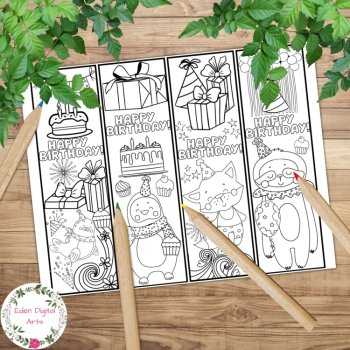 Happy Birthday Coloring Bookmarks Calm Party Craft Cards Cute Animals Cupcakes, image 2