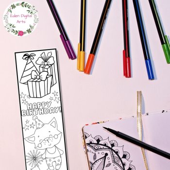 Happy Birthday Coloring Bookmarks Calm Party Craft Cards Cute Animals Cupcakes, image 4