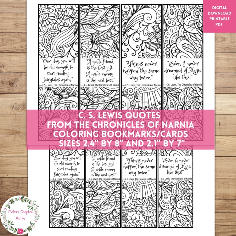 C S Lewis Narnia Quotes Coloring Bookmarks, Book Club Relaxing Zen Doodle Craft