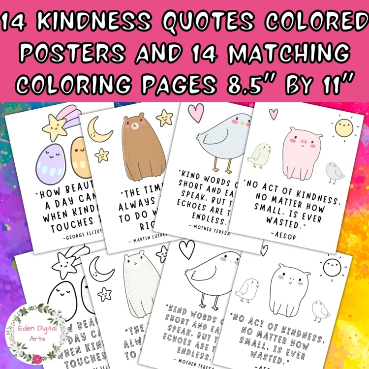 Be Kind Kindness Quotes Posters Cute Animals Pastel Black and White Coloring
