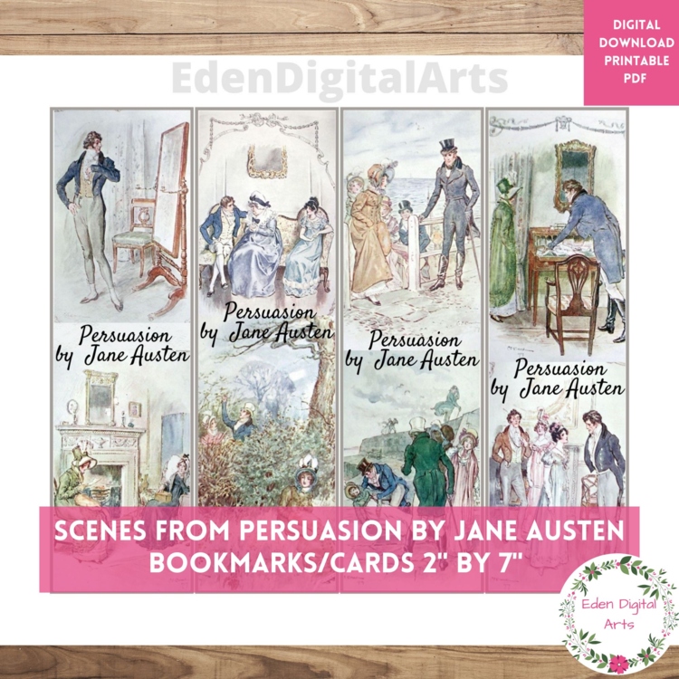 Jane Austen's Persuasion Bookmarks, Book Club Favor Cards, Regency Era Gift