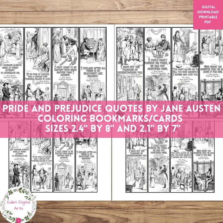 Pride & Prejudice Quotes by Jane Austen Coloring Bookmarks Book Club Cards Craft