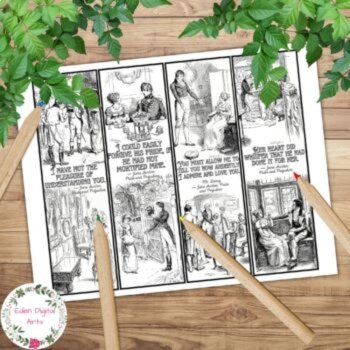 Pride & Prejudice Quotes by Jane Austen Coloring Bookmarks Book Club Cards Craft, image 2