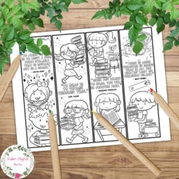 Book Reading Quotes 8 Kawaii Coloring Bookmarks Calm Library Craft Cards Gifts, image 2