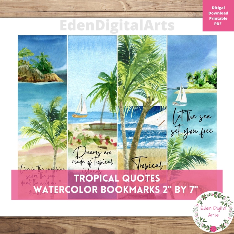 Tropical Island Quotes Bookmarks Cards Watercolor Palm Trees Summer Student Gift