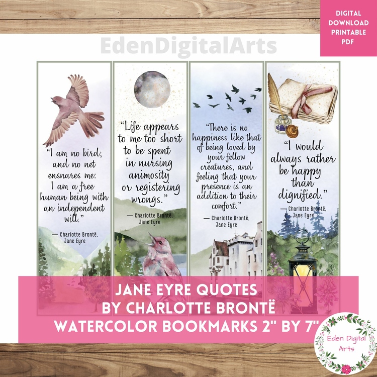 Jane Eyre Quotes Bookmarks, Charlotte Bronte Watercolor Book Club Cards Gift
