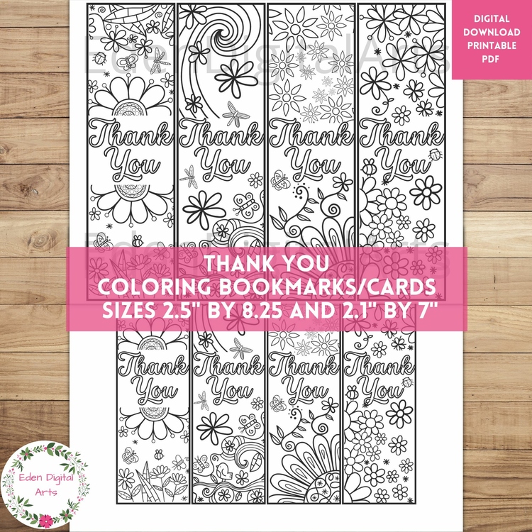 Thank You Coloring Bookmarks with Flowers, Fun Teacher Appreciation Cards Craft