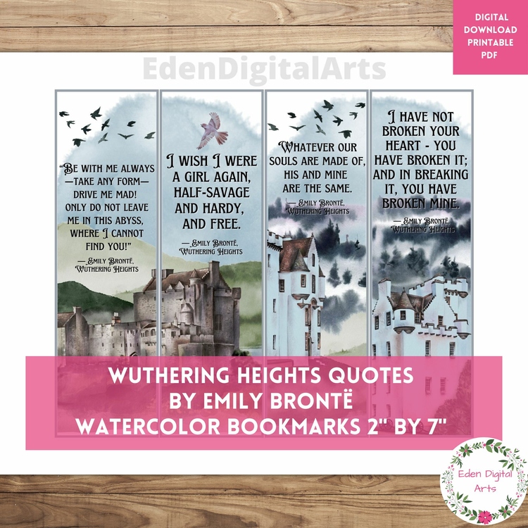 Emily Bronte Novel Wuthering Heights Quotes Bookmarks, Watercolor Book Club Gift