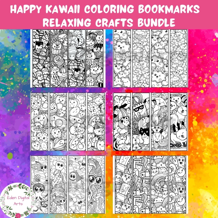 Cute Happy Kawaii Coloring Bookmarks Relaxing Doodle Craft Bundle Student Gifts