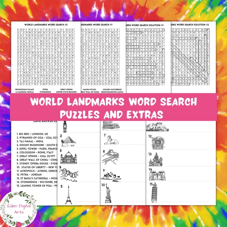 World Travel Famous Landmarks Word Search Puzzles Activity Worksheets Print n Go